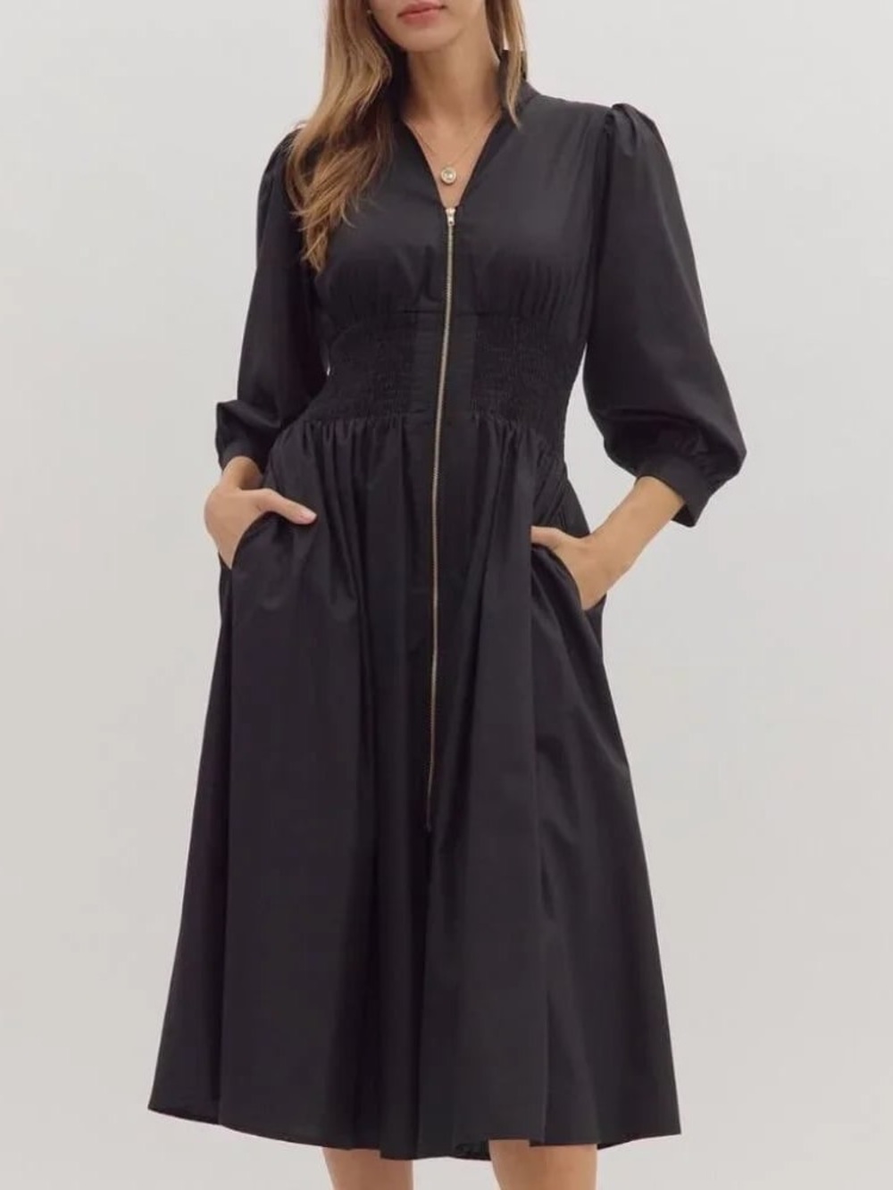 entro Black Midi Dress with Gold Zip and Smocked Waist